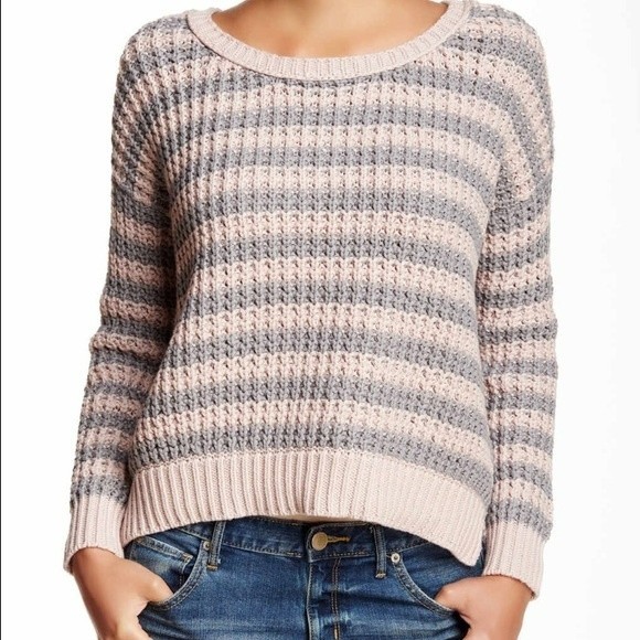 Free People At the Beach Gray Pink Striped Chunky Pullover Sweater NWT SZ M - Picture 1 of 6